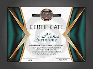 Horizontal certificate or diploma template with gold and turquoise decorative elements on white background. Vector