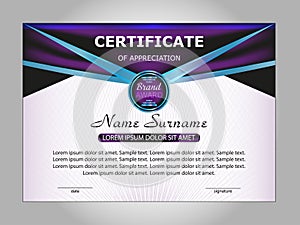 Horizontal certificate or diploma template with purple and blue decorative elements on white background. Vector