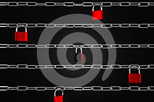 Horizontal chains with red padlocks on them