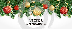 Horizontal christmas banner with fir tree garland, hanging balls and ribbons. photo