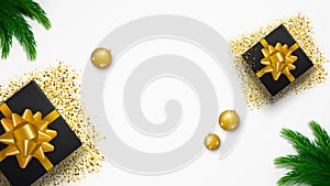 Horizontal Christmas or New Year template for your arts with copy space. Gift boxes, gold tinsel, pine branches, balls