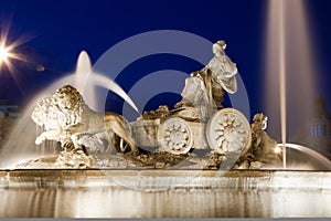 Horizontal Cibeles fountain with lions at night