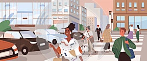 Horizontal cityscape with people crossing road at crosswalks. Panoramic view with pedestrians and cyclists walking the