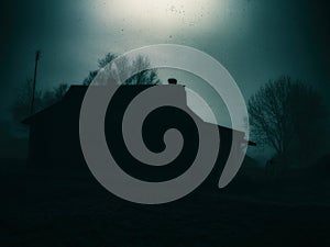 Horizontal classic zombie horror cabin with zombie scary backgro