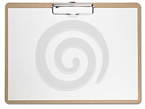 Horizontal clipboard with blank white paper. photo