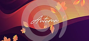 Horizontal colorful background with abstract liquid layers and fall autumn leaves. Autumn vector background design layout for