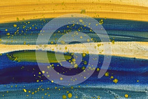 Horizontal colorful brush strokes ink texture background. Hand drawn ultramarine and yellow abstract paint smudges.