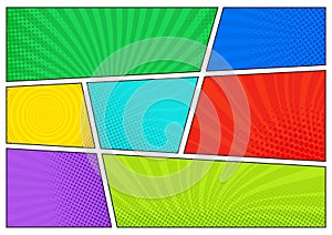 Horizontal comics backdrop. Bright template with cells, halftone effects and rays. Vector colorful background in pop-art