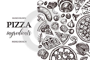 Horizontal design with hand drawn italian pizza ingradients sketches. Vector frame for pizzeria or cafe menu. Top view fast food i
