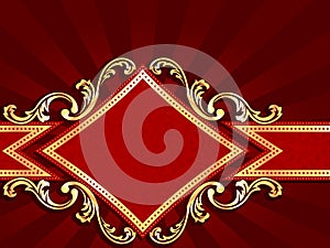 Horizontal diamond-shaped red banner with gold fil
