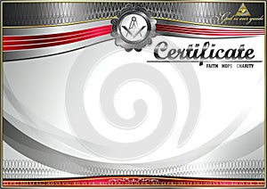 Horizontal elegant Masonic certificate with abstract waves. Black and red inserts on a white background.