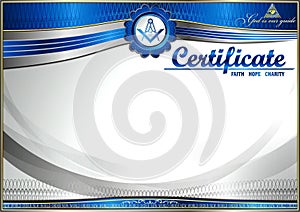 Horizontal elegant Masonic certificate with abstract waves. Blue inserts on a white background.