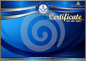 Horizontal elegant Masonic certificate with abstract waves. In blue tones.