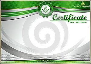 Horizontal elegant Masonic certificate with abstract waves. Green inserts on a white background.