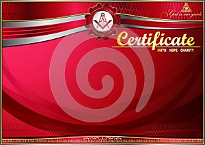 Horizontal elegant Masonic certificate with abstract waves. In red colors.