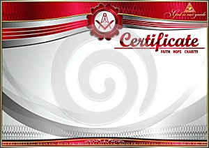 Horizontal elegant Masonic certificate with abstract waves. Red inserts on a white background.