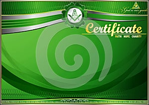 Horizontal elegant Masonic certificate with abstract waves. In shades of green.