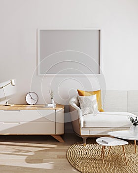 Horizontal empty frame above cupboard and sofa on white wall in modern living room interior, 3d rendering. Horizontal picture
