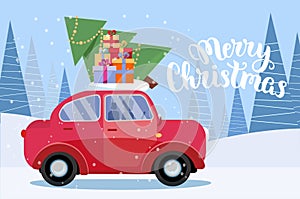 Horizontal Festive postcard with lettering - retro car with presents, christmas tree on roof. Little red car carrying