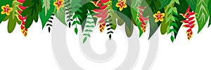 Horizontal floral seamless pattern border with leaves and flowers. Tropical plants on white background. Tropic