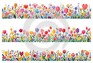 Horizontal flowers borders. Spring blooming floral border decors, vector tender flowers edging graphics on white