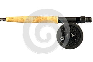 Horizontal Fly Rod Handle and Fly Reel on White
