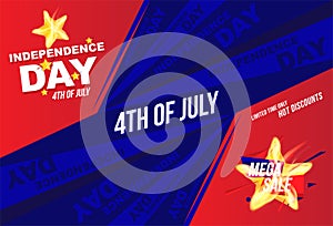 Horizontal Flyer Celebrate Happy 4th of July - Independence Day. Mega sale and hot discounts with a star and a realistic flame of