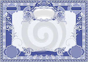 Horizontal form for creating certificates, diplomas, bills and other securities. Classic design in blue and white.