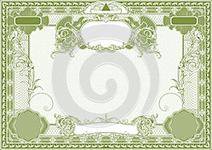 Horizontal form for creating certificates, diplomas, bills and other securities. Classic design in green and white.