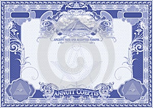 Horizontal form for creating certificates, diplomas, bills and other securities. Classic design with Masonic symbols, in blue.
