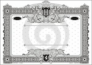 Horizontal form for creating certificates and diplomas in black and white. With coat of arms and monogram H.