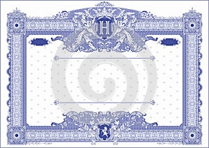 Horizontal form for creating certificates and diplomas in blue tones. With coat of arms and monogram H.