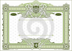 Horizontal form for creating certificates and diplomas in green tones. With coat of arms and monogram H.