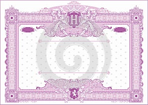 Horizontal form for creating certificates and diplomas in lilac tones. With coat of arms and monogram H.