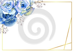Horizontal frame with blue rose flowers and decorative twigs in a golden frame on a white isolated background. Vector