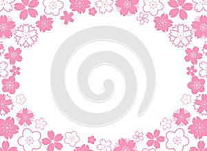 Horizontal frame with flat pink geometrical sakura flowers on white background