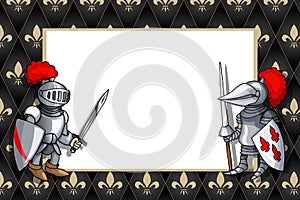 Horizontal Frame with knight with sword and shield on the medieval background