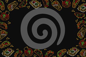 Horizontal frame with Mexican food. Dark theme