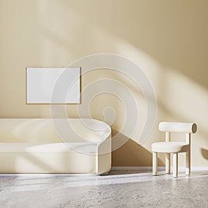 Horizontal frame mock up in modern minimalistic design of living room with light beige armchair and sofa with sunbeams on wall,