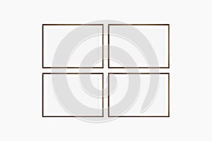 Horizontal frame mockup 7:5, 70x50, A4, A3, A2, A1 landscape. Set of four thin dark brown walnut wood frames. Gallery wall mockup