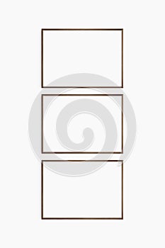 Horizontal frame mockup 7:5, 70x50, A4, A3, A2, A1 landscape. Set of three thin dark brown walnut wood frames. Gallery wall mockup