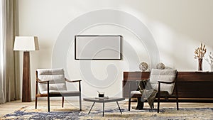 Horizontal frame mockup in bright modern living room interior in neutral colors with armchairs, floor lamp, rug and coffee table,