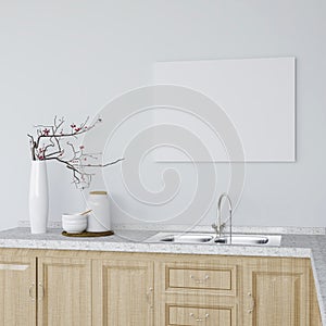 Horizontal frame mockup in a kitchen with decorations