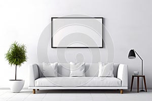 Horizontal frame template in minimalist style interior with sofa, cushions, green plant, coffee table and white wall background.AI