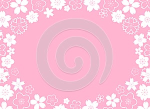 Horizontal frame with white geometrical sakura flowers on pink background