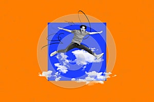 Horizontal funky surreal photo collage of young crazy guy with raised hands legs jump fly high in sky among clouds have