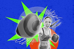 Horizontal funny photo collage of young strong sportive boxer woman do exercise hit opponent workout achievement on blue