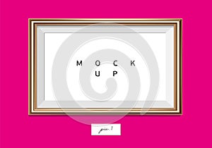 Horizontal golden frame on pink wall. Vector EPS10 illustration. Wall picture frame mock-up.