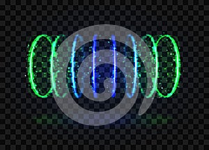 Horizontal green and blue tunnel of energy neon circles with light effects