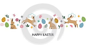 Horizontal Happy Easter banner template with bunnies and eggs